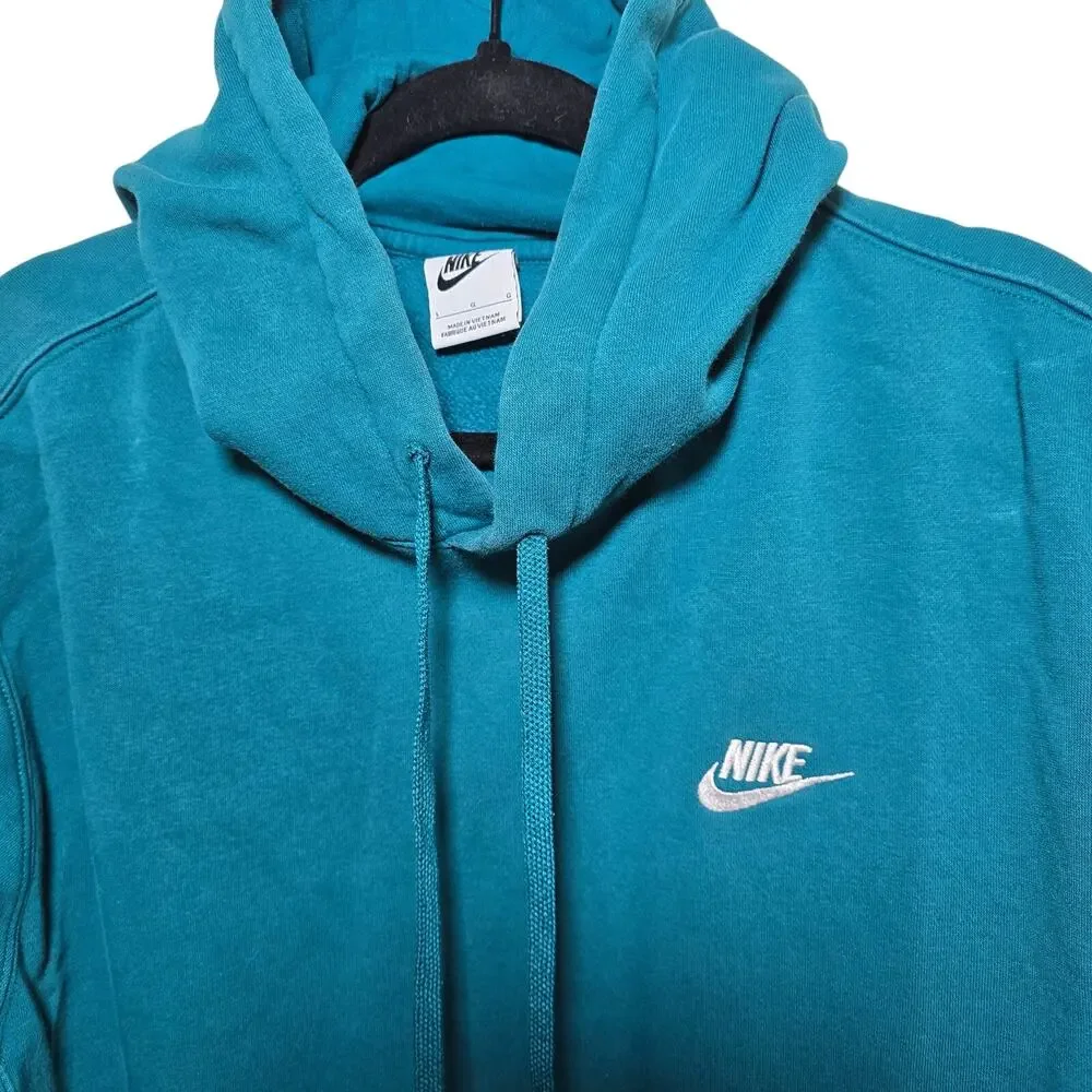 Vintage Teal with White Swoosh Nike Pullover Hoodie Kangaroo Pockets Size Large